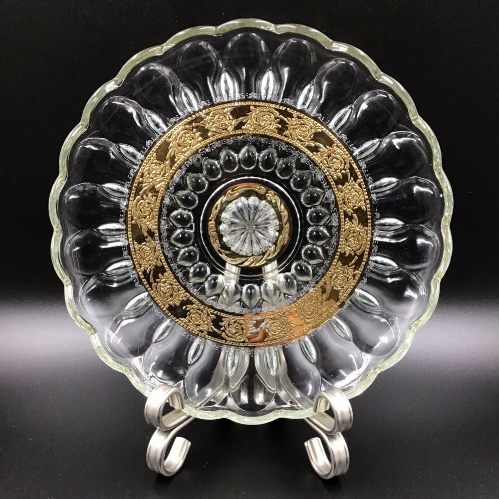 Vintage MCM Culver Valencia 10" Glass Hostess Plate 22 Ct. Gold Diamonds